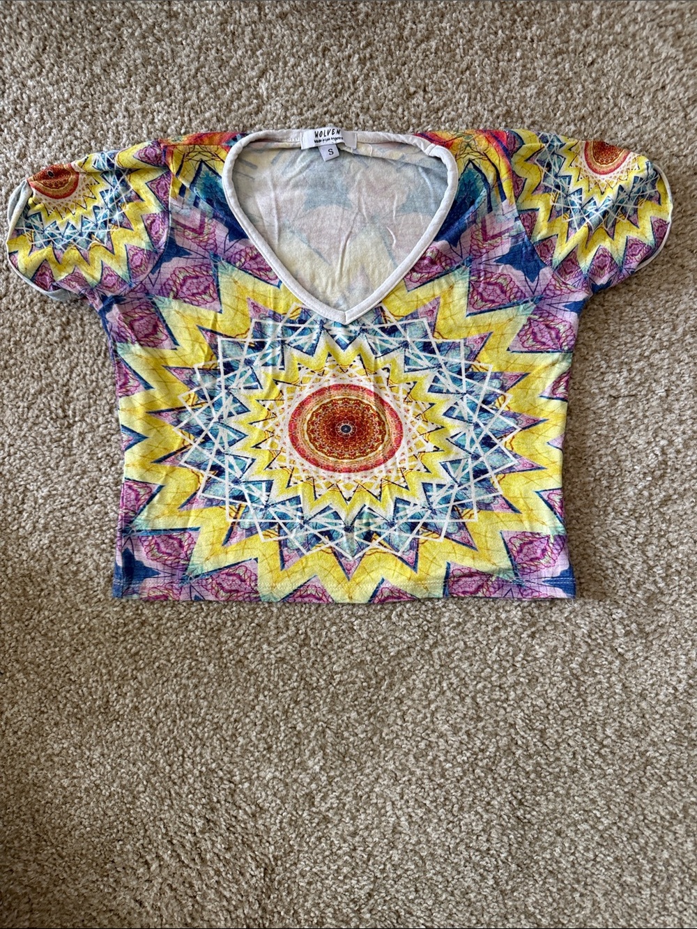 Wolven Brand: Women’s Multicolor Sunburst V-Neck Crop Top - Yellow, Blue, Purple